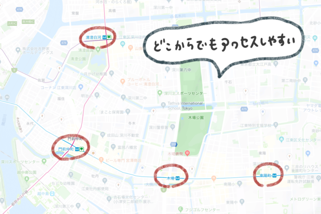 木場公園と周辺駅の地図