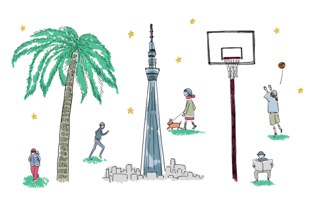 猿江恩賜公園にあるヤシの木、バスケットゴール、見える東京スカイツリー