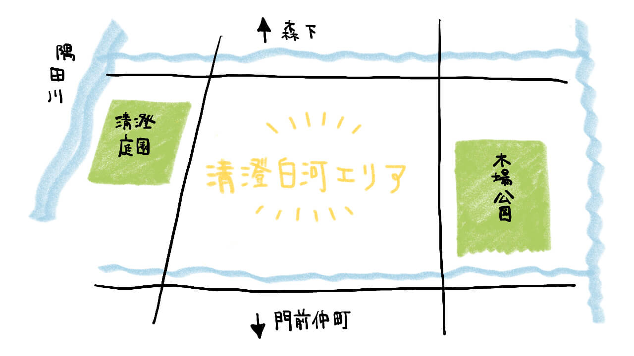 清澄白河エリアと清澄庭園、木場公園の位置