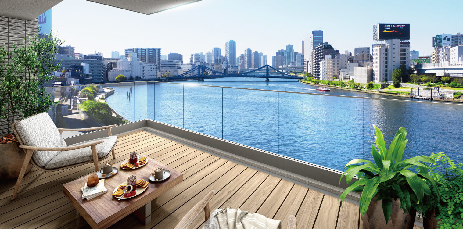新築マンション探訪:リビオ森下リバーテラスのバルコニーから見える隅田川眺望パース