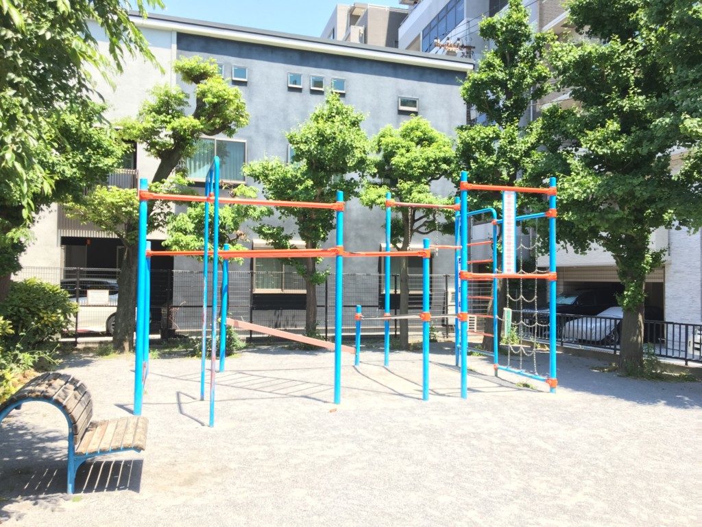 段差のある鉄棒のある大型遊具